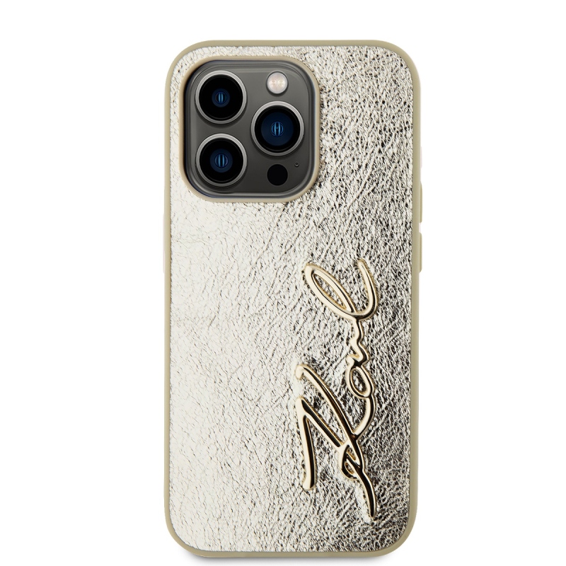 Karl Lagerfeld Wrinkled PU Signature Logo Zadný Kryt pre iPhone 15 Pro Max Gold