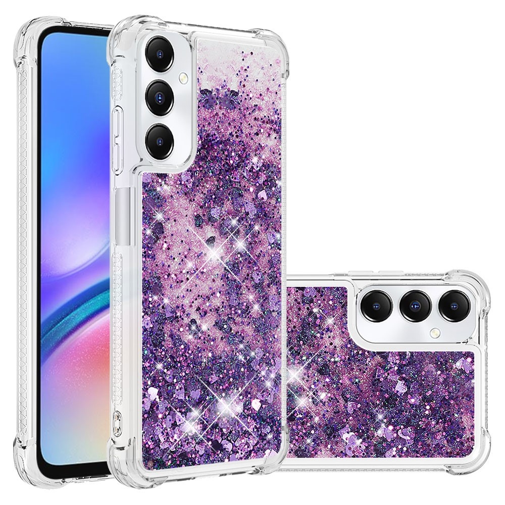 Glitter gélový presýpací obal na Samsung Galaxy A05s - tmavofialový/srdiečka