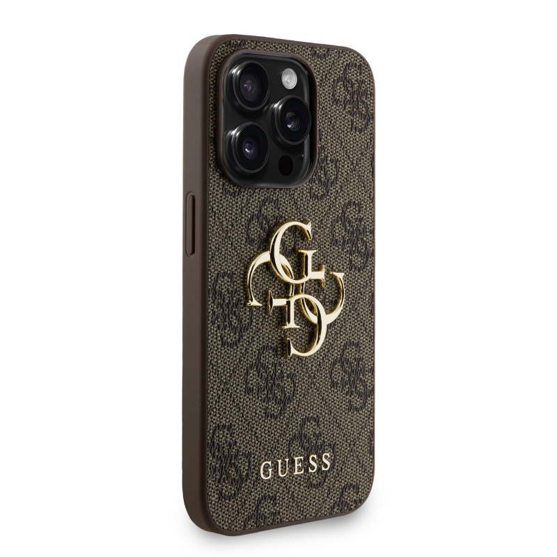 Guess PU 4G Metal Logo Strap Zadný Kryt pre iPhone 15 Pro Max Brown