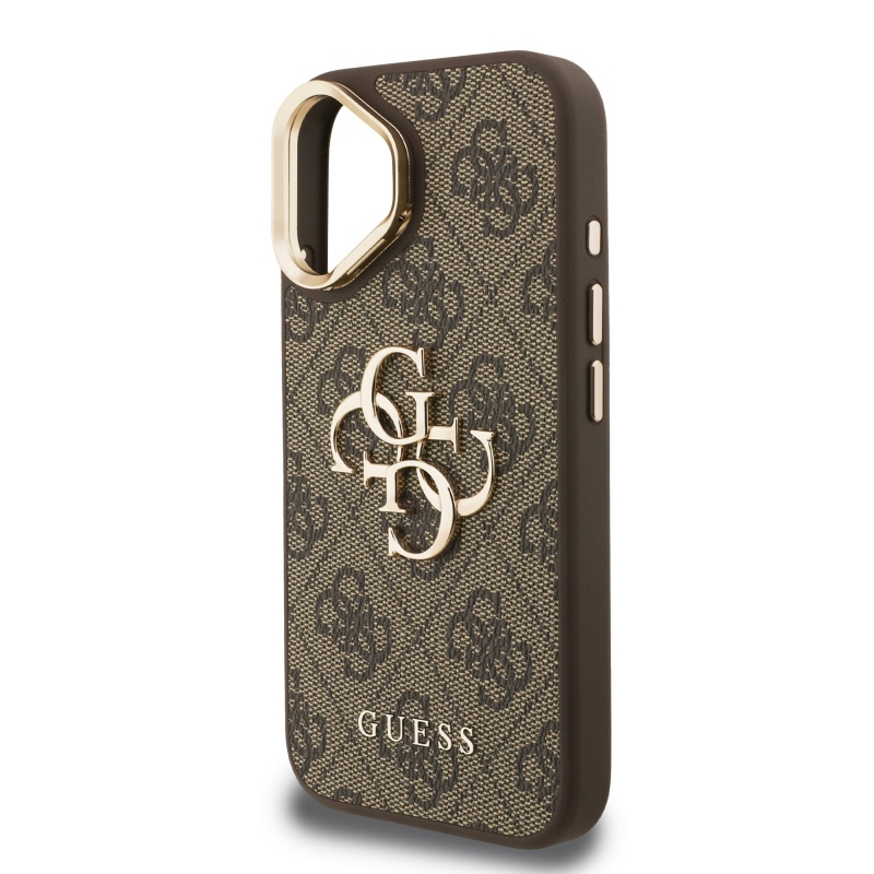 Guess PU 4G Metal Logo Stand Camera Frame Zadný Kryt pre iPhone 16 Brown