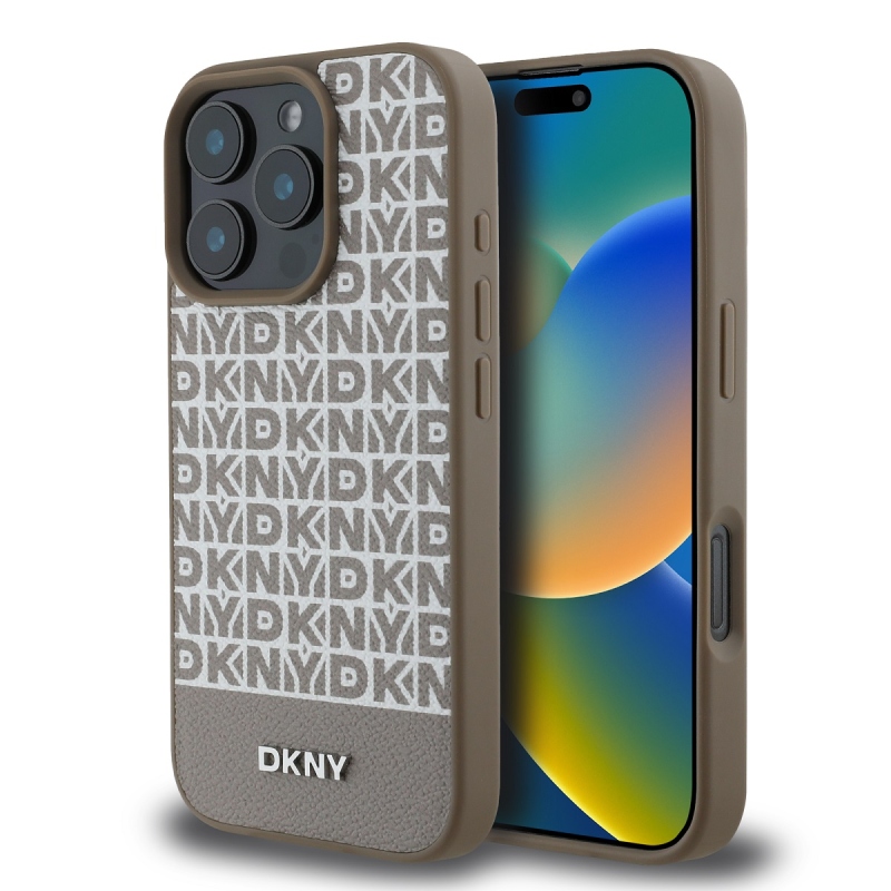 DKNY PU Leather Repeat Pattern Bottom Stripe MagSafe Zadný Kryt pre iPhone 16 Pro Max Brown