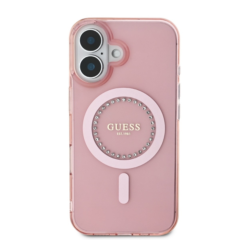 Guess IML Rhinestones Ring MagSafe Zadný Kryt pre iPhone 16 Pink