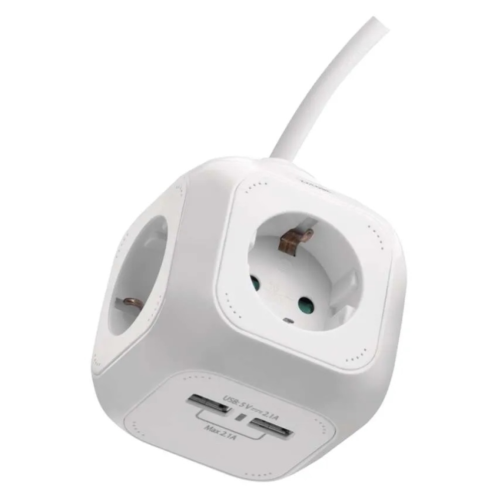 Predlžovací kábel - kocka 1,9 m / 4 zásuvky / biely / PVC / s USB / 1,5 mm2