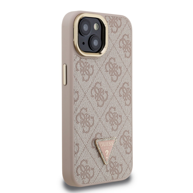 Guess PU 4G Strass Triangle Logo Stand Camera Frame MagSafe Zadný Kryt pre iPhone 14 Pink