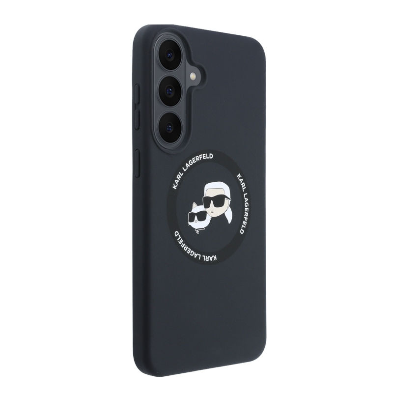 Karl Lagerfeld – zadný kryt z tekutého silikónu s dvojitými hlavami a magnetickým uchytením pre Samsung Galaxy S26 FE, čierny