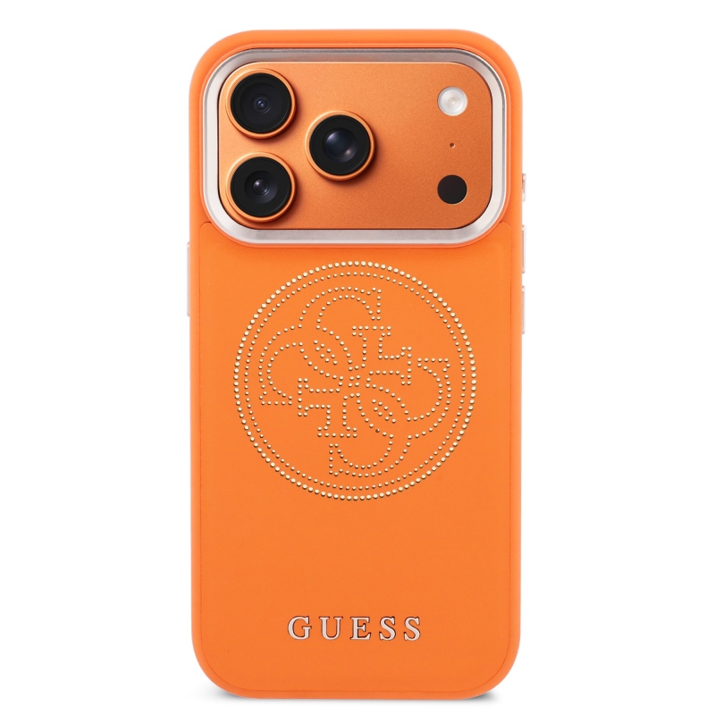 Guess PU perforovaný zadný kryt 4G pre iPhone 17 Pro Orange