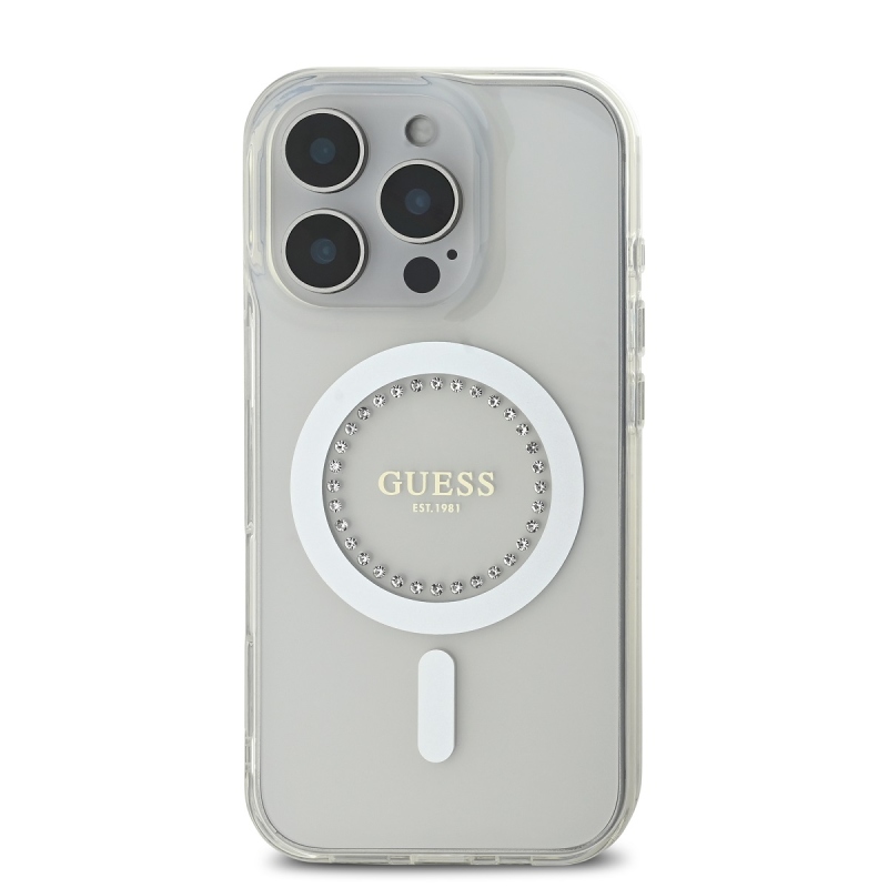 Guess IML Rhinestones Ring MagSafe Zadný Kryt pre iPhone 16 Pro Max White