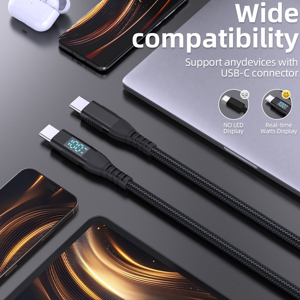 Nylonový kábel USB-C / USB-C s displejom 1m 100W - čierny