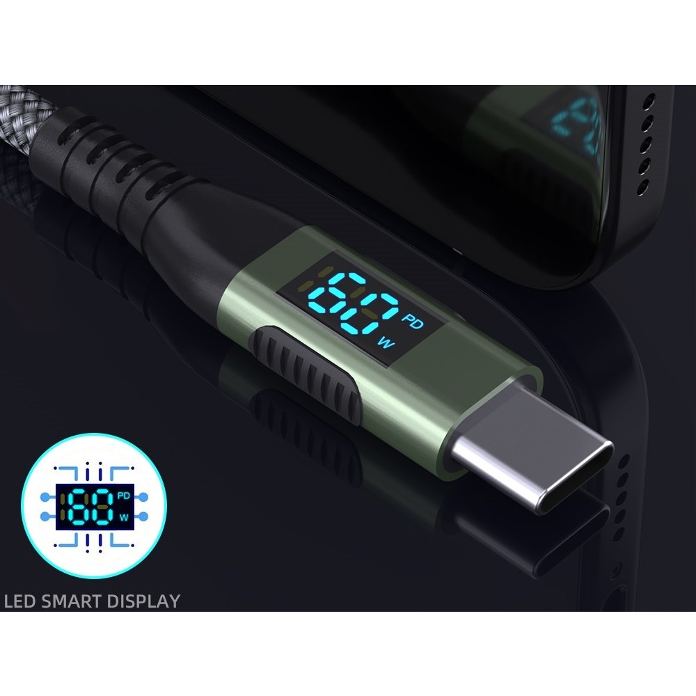 Nylonový kábel USB-C / USB-C s displejom 3m 60W - šedý