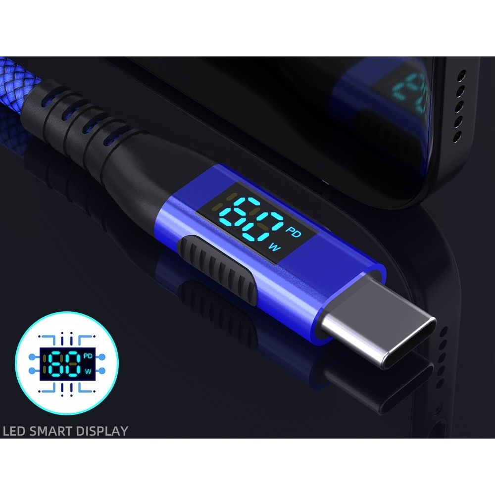 Nylonový kábel USB-C/USB-C s displejom 3m 60W - modrý