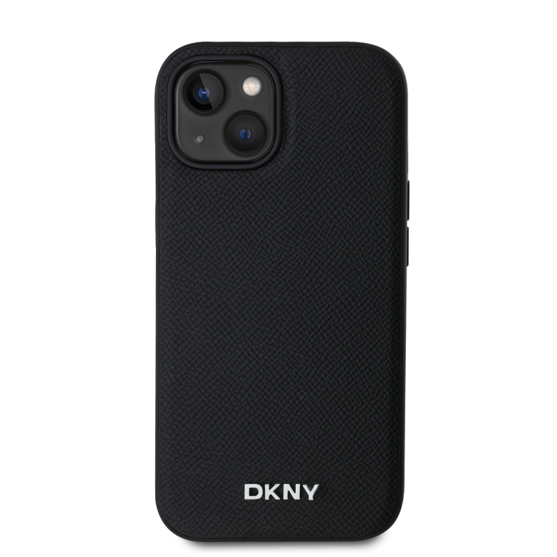 DKNY PU Leather Silver Metal Logo Magsafe Zadný Kryt pre iPhone 14 Black