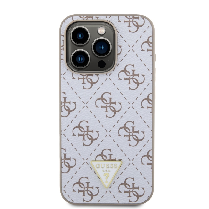 Guess PU Leather 4G Triangle Metal Logo Zadný Kryt pre iPhone 15 Pro White