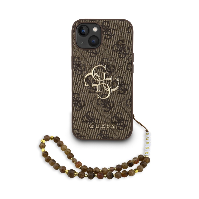 Guess PU 4G Metal Logo Strap Zadný Kryt pre iPhone 15 Brown
