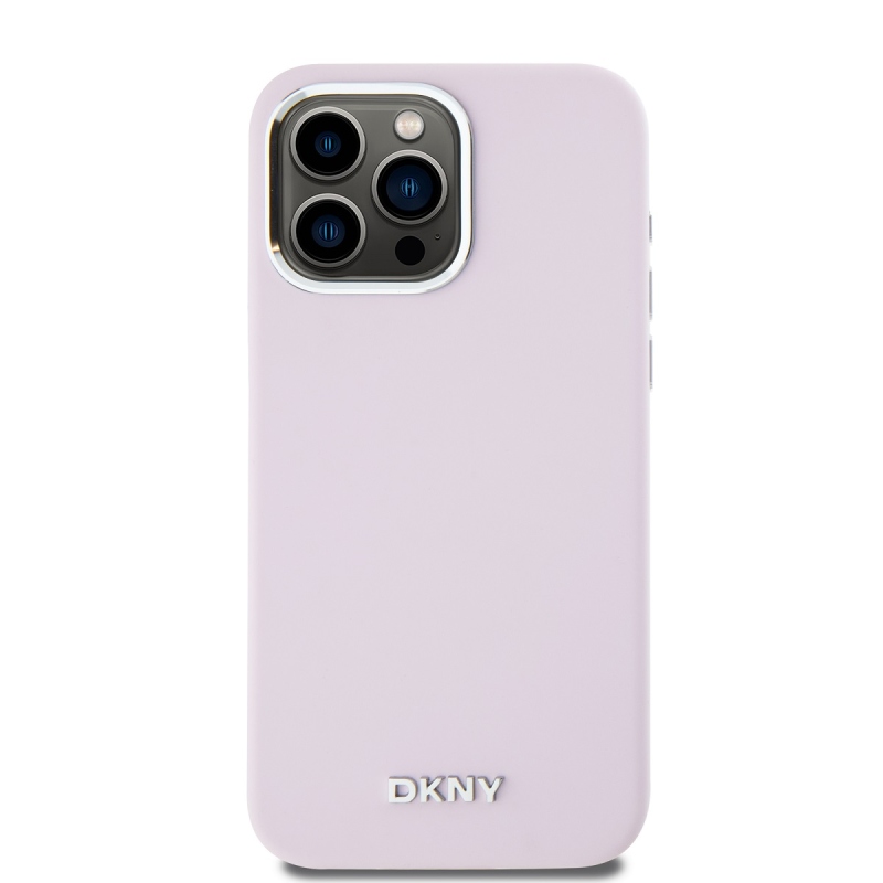 DKNY Liquid Silicone Silver Metal Logo Magsafe Zadný Kryt pre iPhone 15 Pro Max Pink