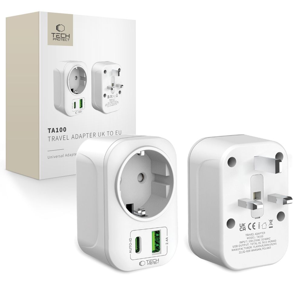 Tech-Protect TA100 cestovný adaptér UK na EÚ s USB-C a USB-A