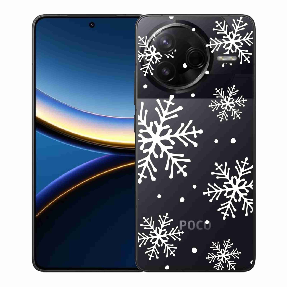 Gélový kryt mmCase na Xiaomi Poco F7 Pro - biele vločky na priehľadnom pozadí