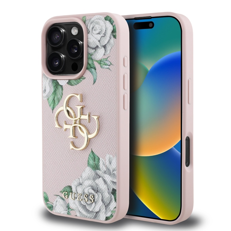 Guess PU Grained Roses 4G Metal Logo Zadný Kryt pre iPhone 16 Pro Pink