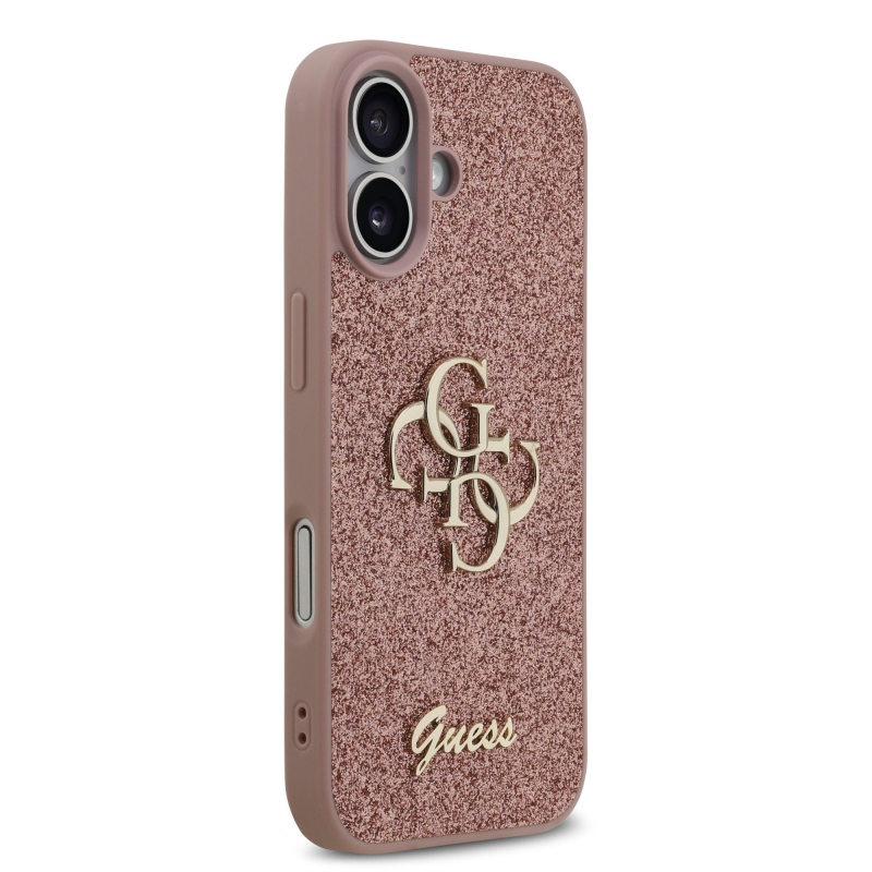 Guess PU pevný zadný kryt s kovovým logom 4G s trblietkami pre iPhone 17 Pink