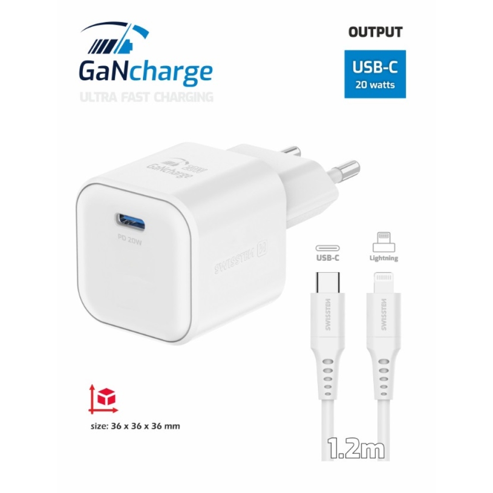 Nabíjačka Swissten GaN 1x USB-C 20W Power Delivery + kábel USB-C/Lightning 1,2m - biela