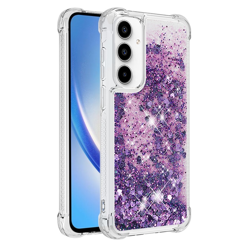 Glitter gélový presýpací obal na Samsung Galaxy A35 5G - tmavofialový/srdiečka