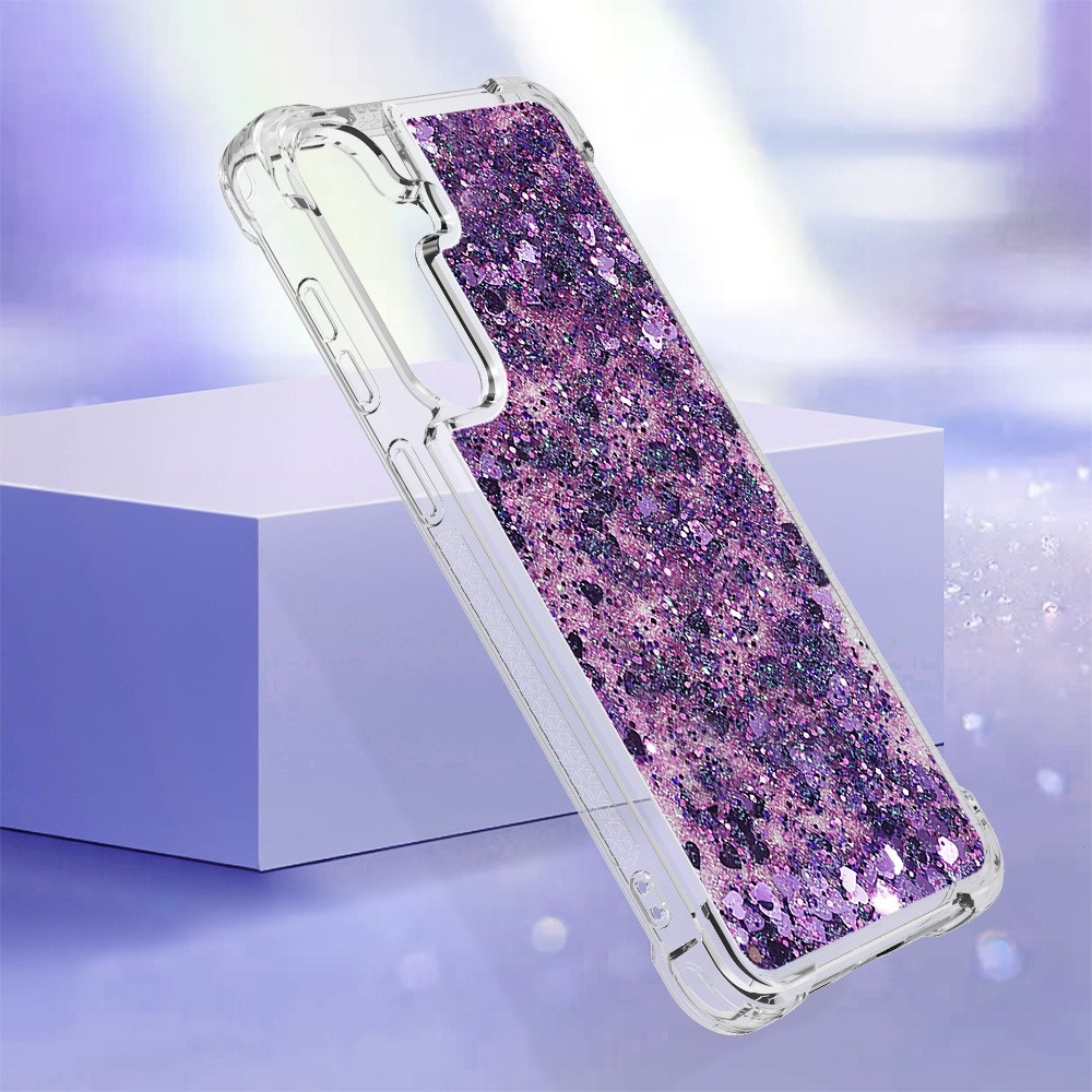 Glitter presýpací gélový obal na mobil Samsung Galaxy S24+ - tmavofialový/srdiečka