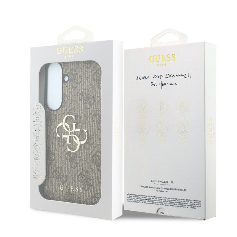 Guess PU 4G Metal Logo zadný kryt pre Samsung Galaxy S26 FE, hnedý