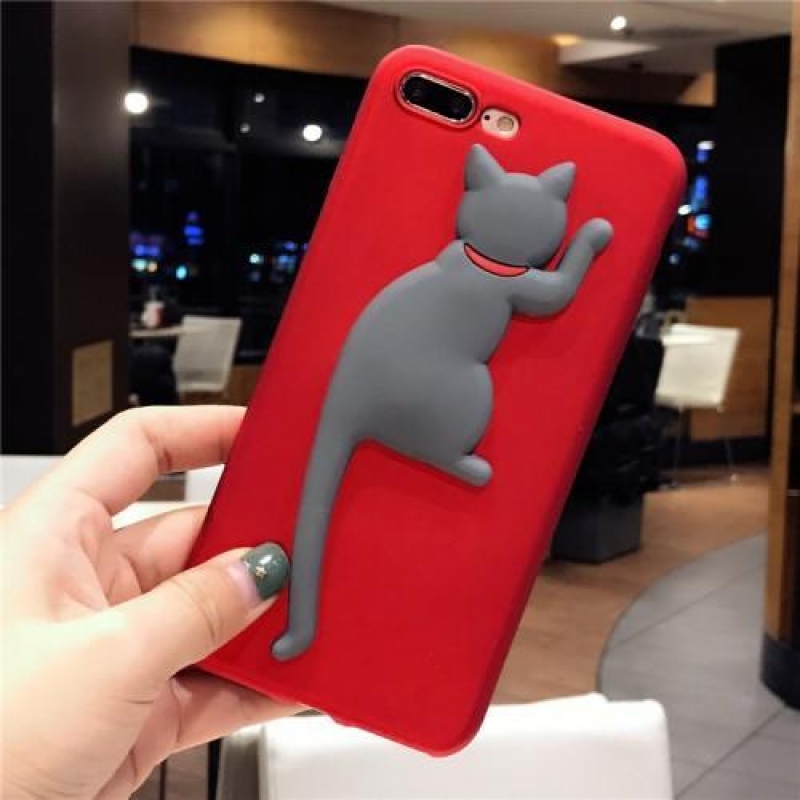3D kitty silikónový obal na iPhone 7 a iPhone 8 - červený / šedý