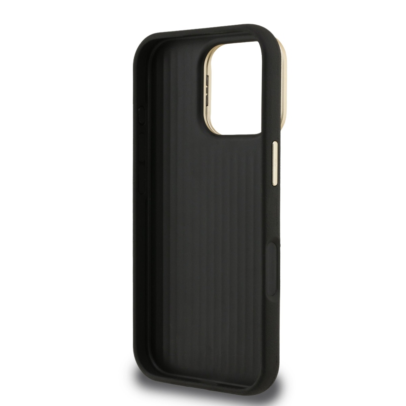 Guess PU Grained 4G Logo Stand Camera Frame Zadný Kryt pre iPhone 16 Pro Max Black