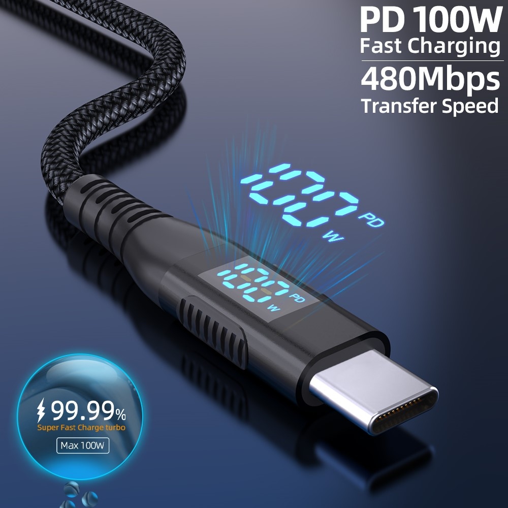 Nylonový kábel USB-C / USB-C s displejom 1m 100W - čierny