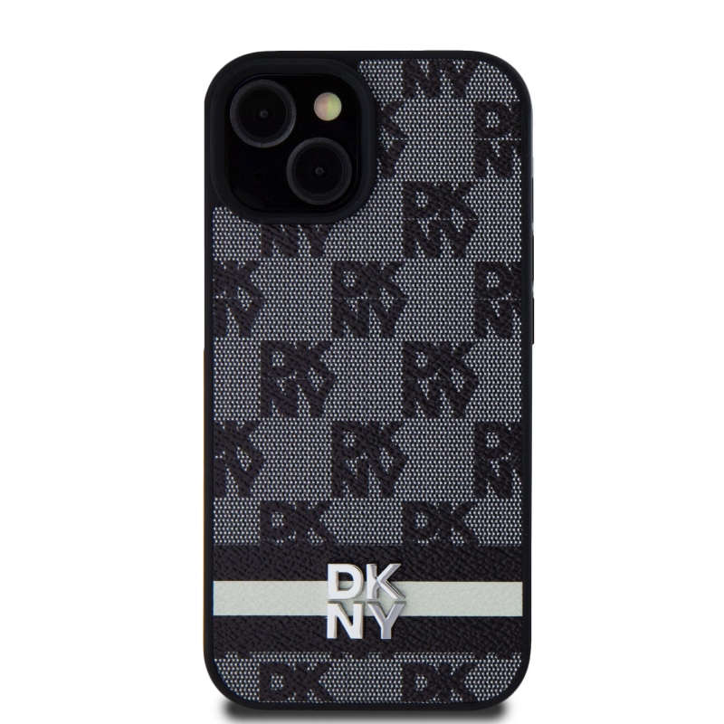 DKNY PU Leather Checkered Pattern and Stripe Zadný Kryt pre iPhone 15 Black