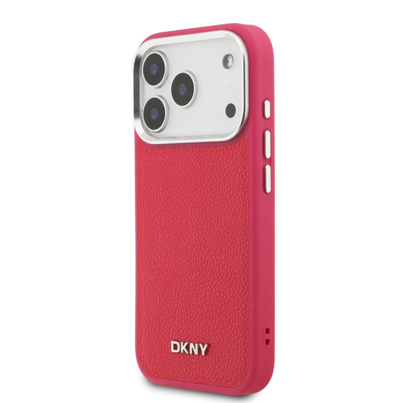 DKNY PU kožený kovový kryt s logom na zápästie MagSafe zadný kryt pre iPhone 17 Pro Pink