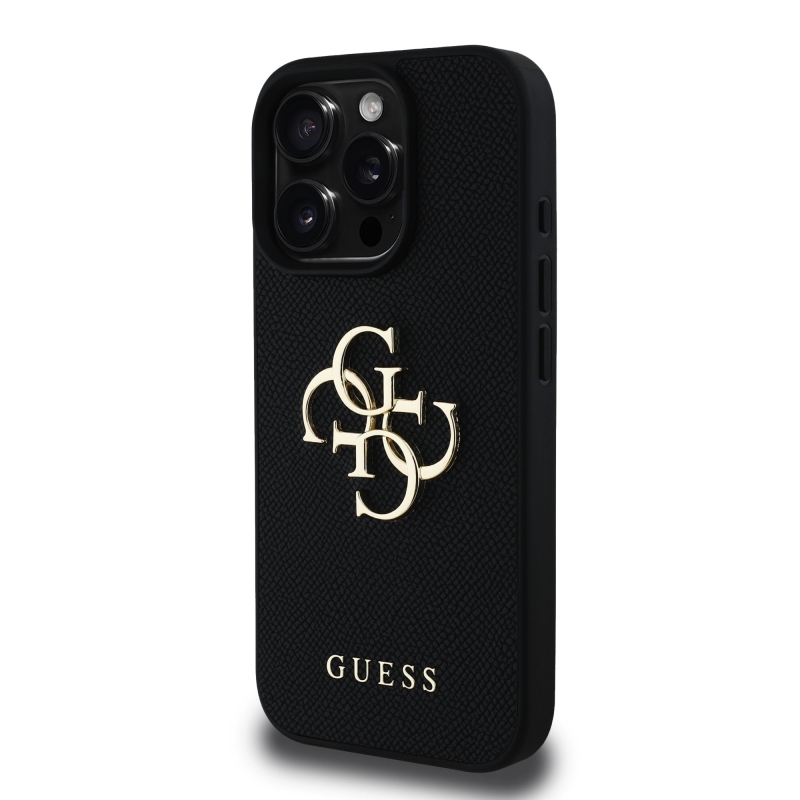 Guess PU zrnitý 4G kovový zadný kryt s logom pre iPhone 16 Pro Max Black