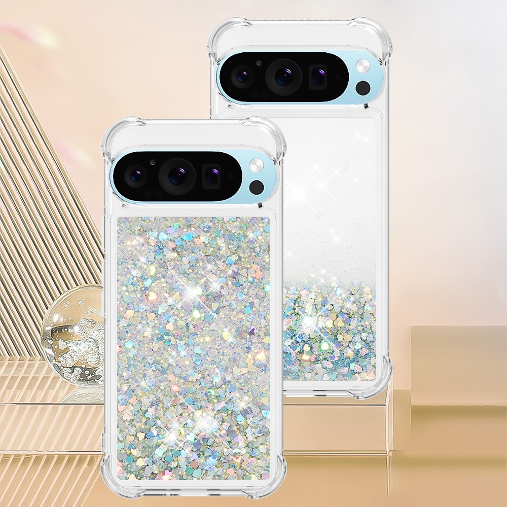 Glitter presýpací gélový obal na Google Pixel 10 Pro/Pixel 10 - strieborný/srdiečka