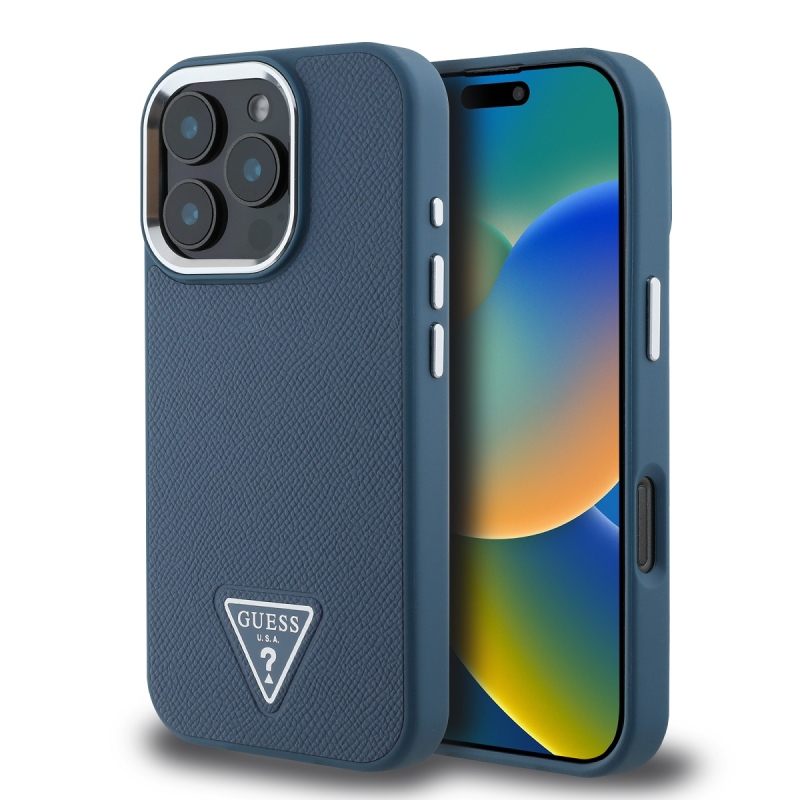 Guess PU Grained Triangle Logo Zadný Kryt pre iPhone 16 Pro Max Blue