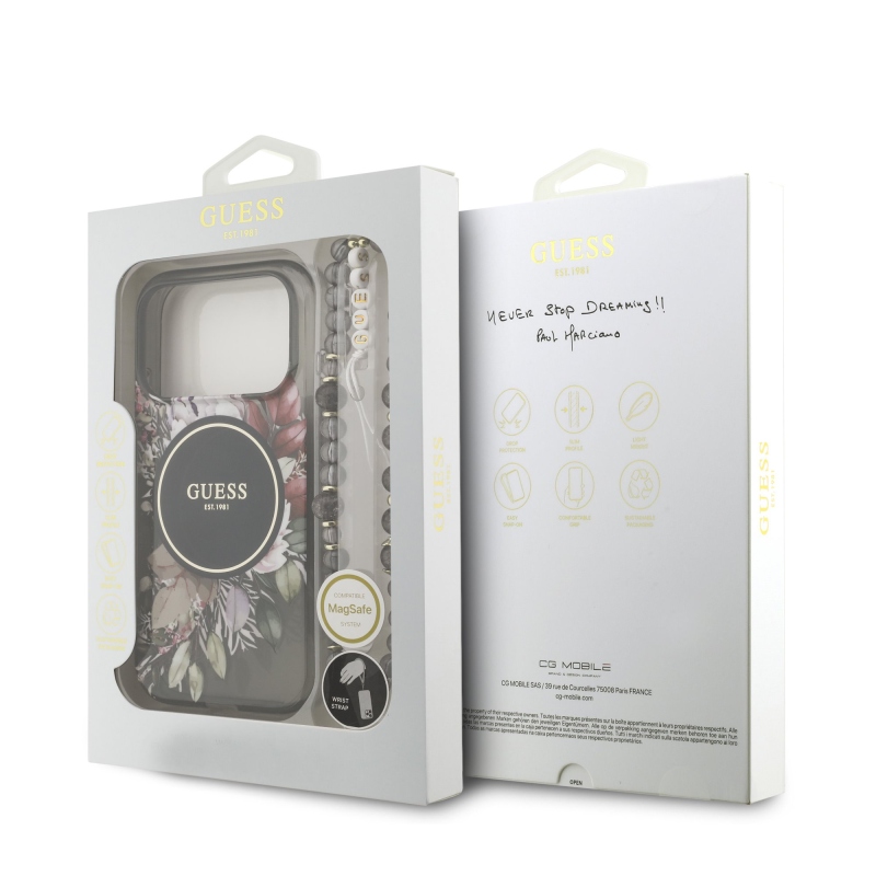 Guess IML Flowers Strap MagSafe zadný kryt pre iPhone 17 Pro Black