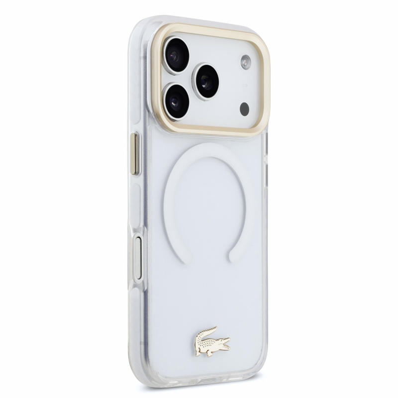 Lacoste IML Shockproof Petit Pique Gold Logo MagSafe zadný kryt pre iPhone 18 Pro, priehľadný