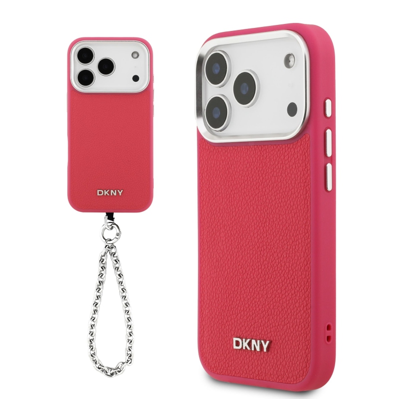 DKNY PU kožený kovový kryt s logom na zápästie MagSafe zadný kryt pre iPhone 17 Pro Pink