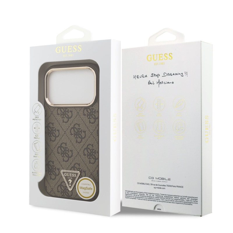 Guess PU kožený 4G štrasové trojuholníkové logo Gold Frame MagSafe zadný kryt pre iPhone 17 Pro Brown