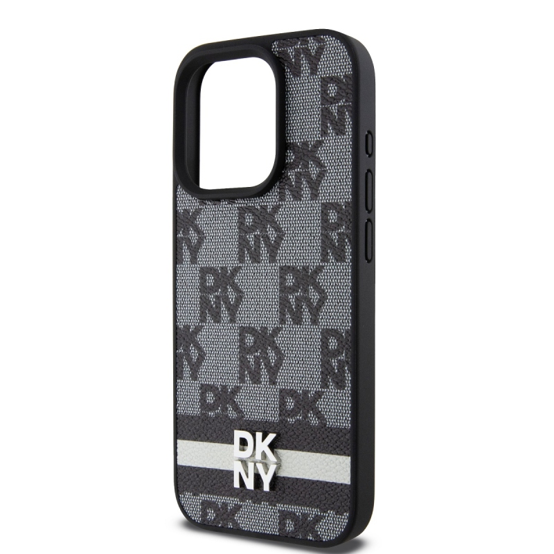 DKNY PU Leather Checkered Pattern and Stripe Zadný Kryt pre iPhone 14 Pro Black