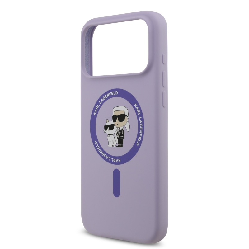 Tekutý silikónový kryt Karl Lagerfeld Karl and Choupette MagSafe Back Cover pre iPhone 17 Pro Max Purple