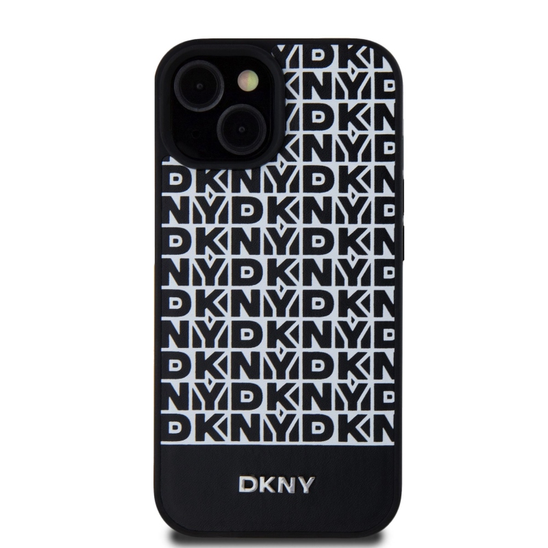 DKNY PU Leather Repeat Pattern Bottom Stripe MagSafe Zadný Kryt pre iPhone 15 Black