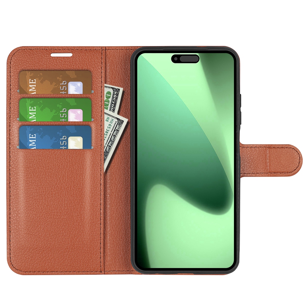 Litchi knižkové púzdro na iPhone 17 Pro - hnedý