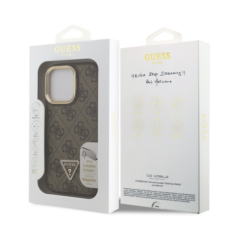 Guess PU 4G Strass Triangle Logo Stand Camera Frame MagSafe Zadný Kryt pre iPhone 16 Pro Brown