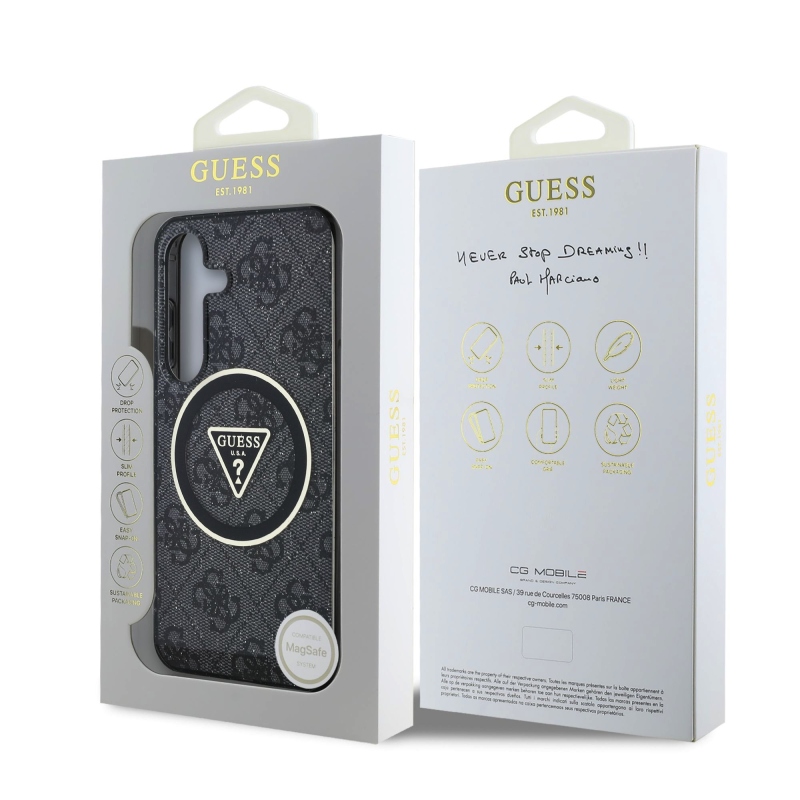 Guess IML 4G Glitter and Triangle Logo MagSafe Zadný Kryt pre Samsung Galaxy S25 Black