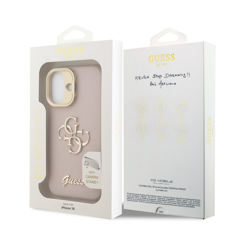 Guess PU Grained 4G Logo Stand Camera Frame Zadný Kryt pre iPhone 16 Pink