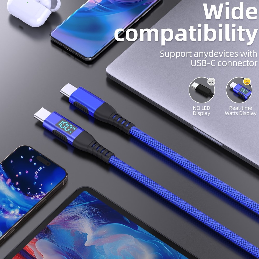 Nylonový kábel USB-C / USB-C s displejom 1m 100W - modrý