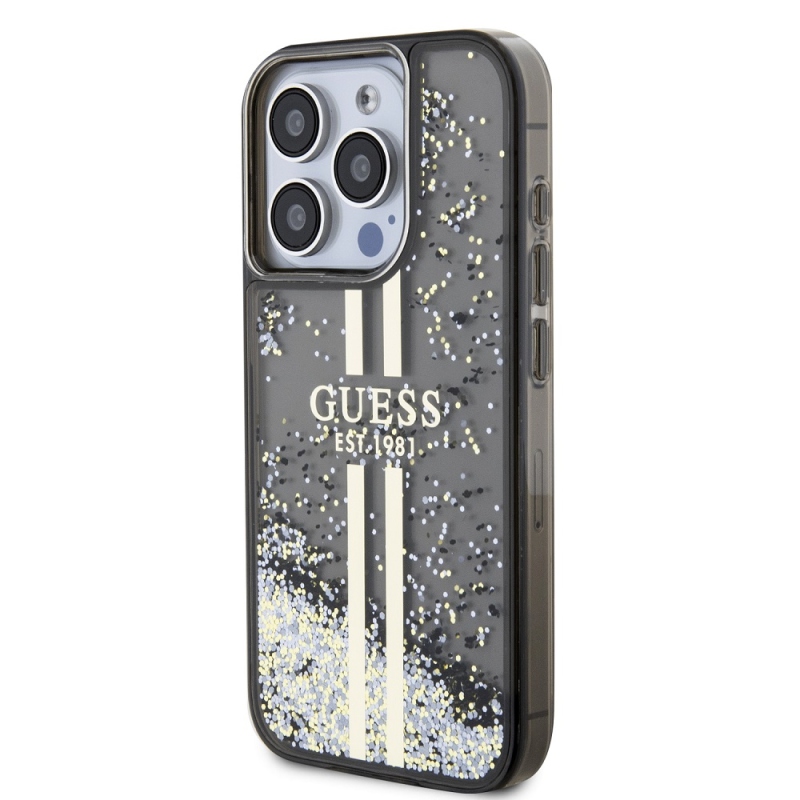 Guess PC/TPU Liquid Glitter Gold Stripe Zadný Kryt pre iPhone 15 Pro Black