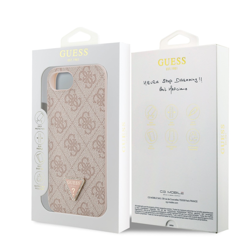 Guess PU 4G Strass Triangle Metal Logo Zadný Kryt pre iPhone 16e Pink