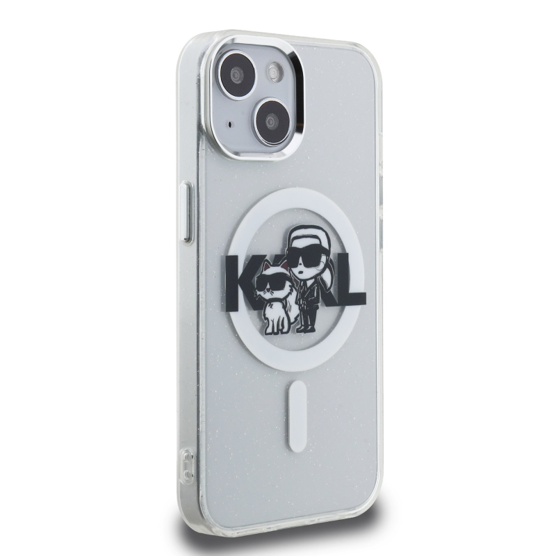 Karl Lagerfeld IML Glitter Karl and Choupette Sketch MagSafe Zadný Kryt pre iPhone 15 Transparent