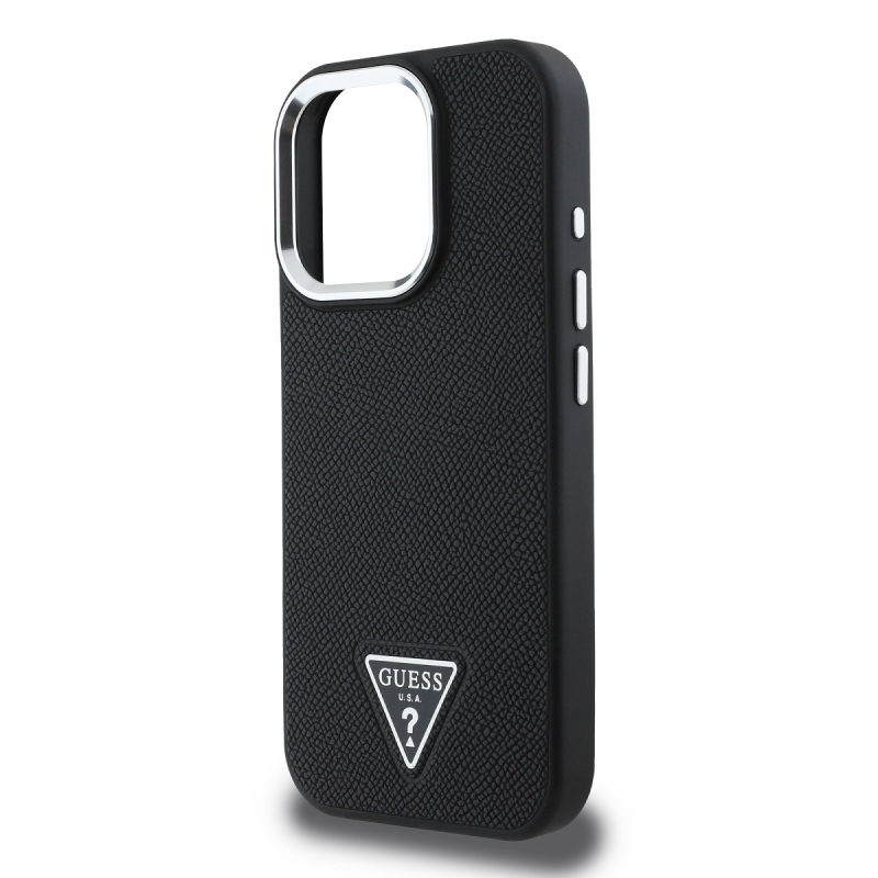 Guess PU Grained Triangle Logo Zadný Kryt pre iPhone 16 Pro Black